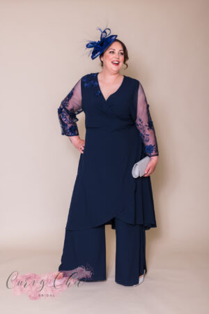 Venice Plus size Mother of the bride groom trouser suit with sleeves trendy Navy