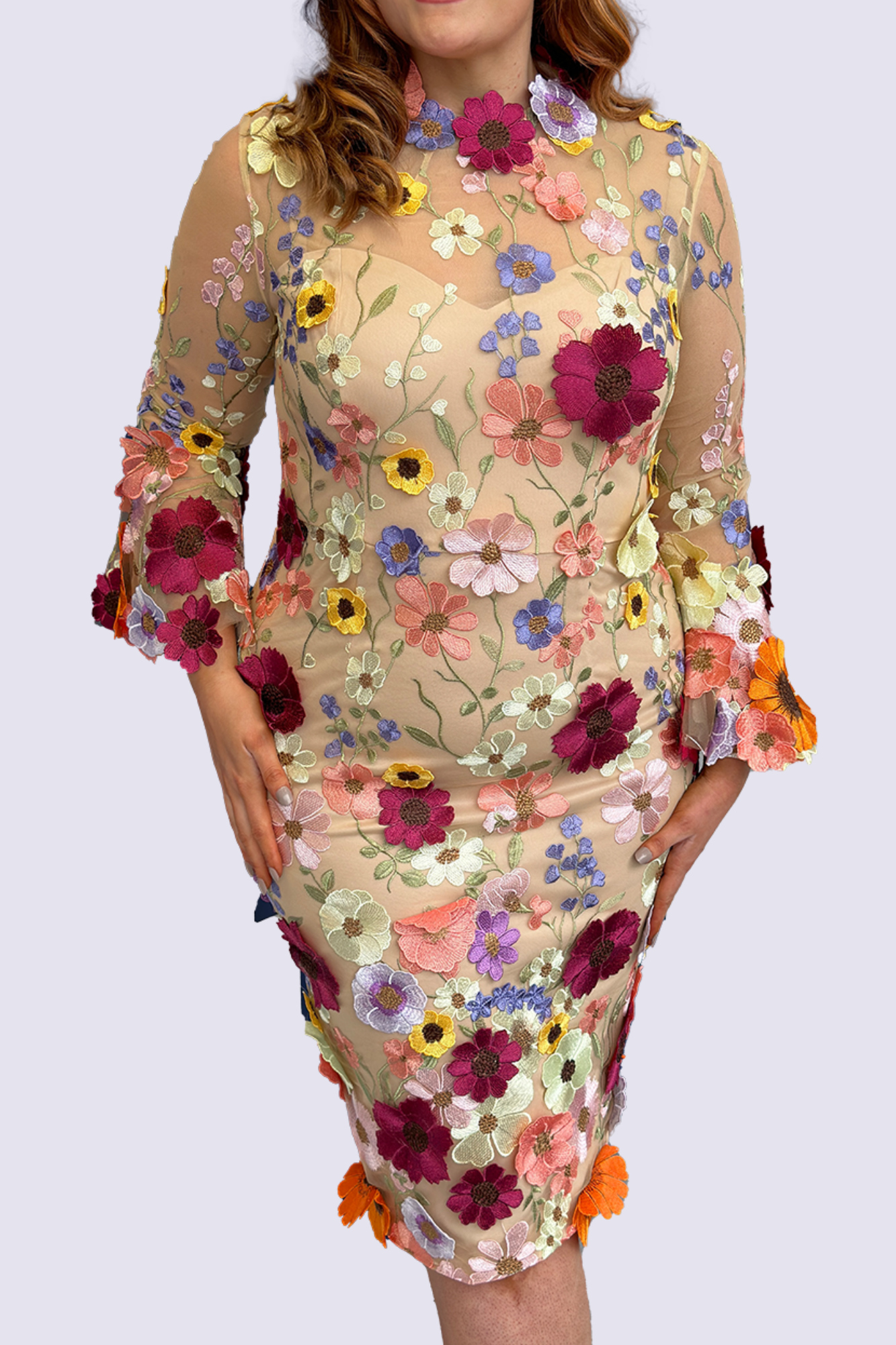 Light Gold 3D Floral Midi Dress | 992146B-LG