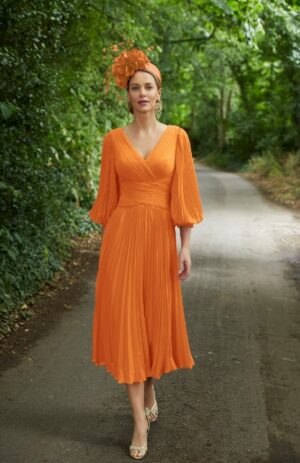 36073 Veni Infantino orange pleated a-line mother of the bride or groom midi dress with 3/4 sleeves