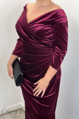 3019H Burgundy Fitted Long Sleeved Velvet Evening Gown